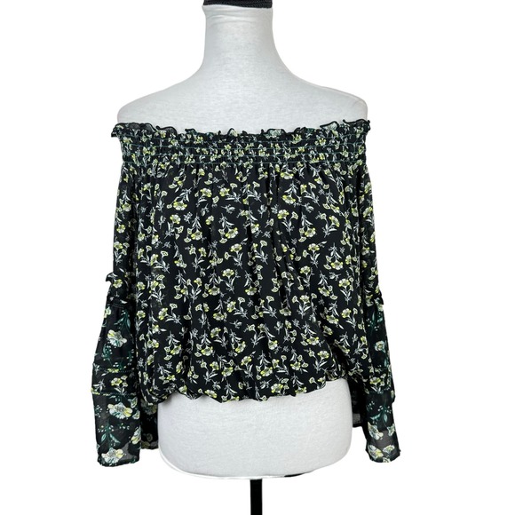 Free People Black Rose Valley Floral Off The Shoulder Cottagecore Peasant Blouse - Picture 4 of 14